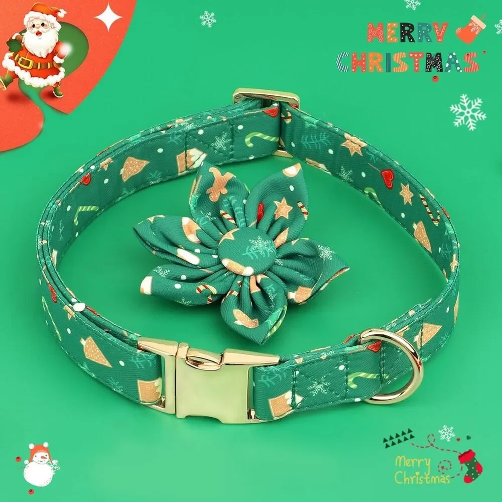 Beirui Adjustable Christmas Dog Collar with Flower for Dogs- Green Large